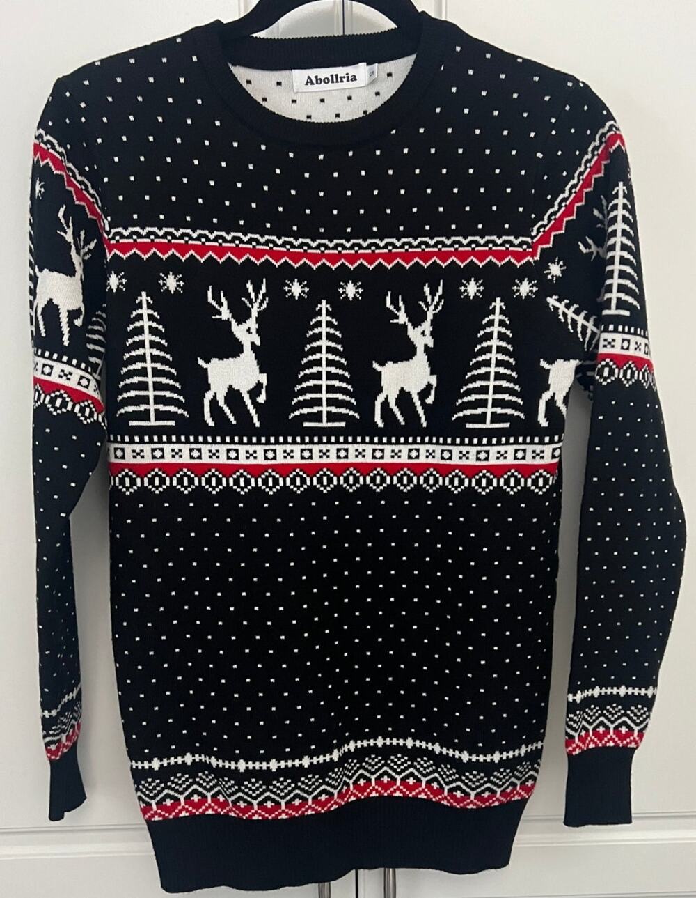 Aborilla Nordic Christmas Sweater Black w/ Reindeer & Tree Pattern Size S NWOT